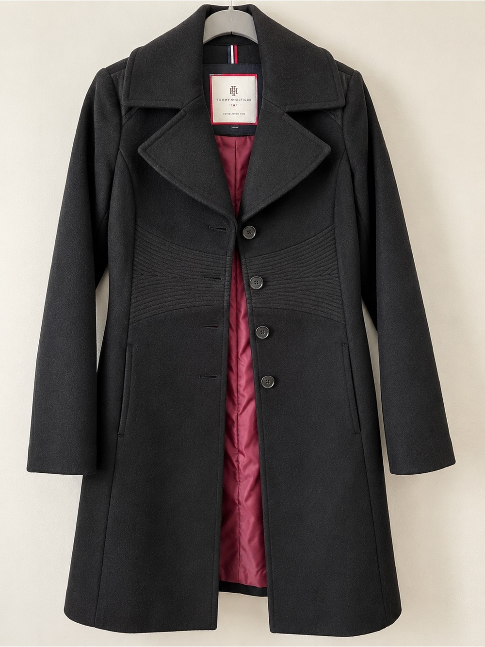Tommy Hilfiger Black Pea Coat with Burgundy Lining
